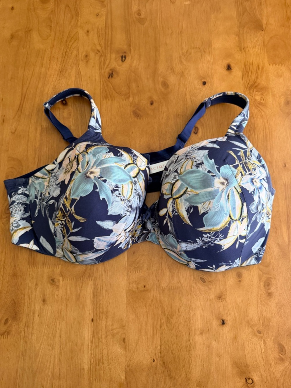 Cacique Navy Floral Underwire Bra with Light Blue and Cream Blooms